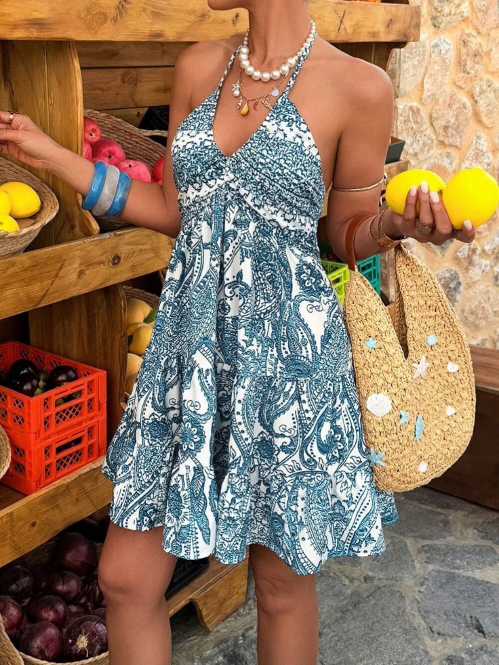 Multicolor Boho Women's Casual Sleeveless V-Neck A-Line Short Dress - Picture 5 of 5